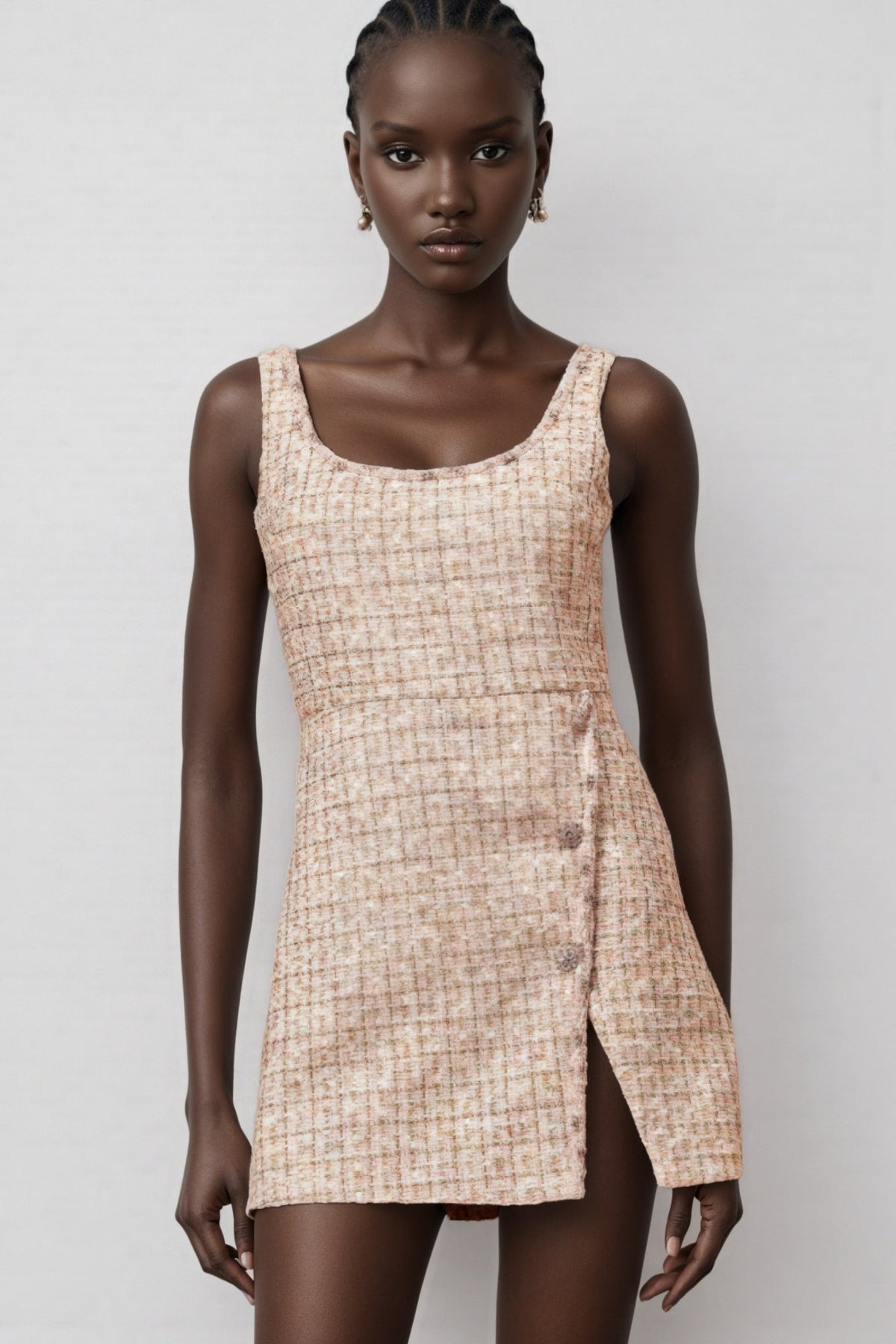 Tweed Grid Check Scoop Neck Sleeveless Wrap Front Mini Dress - View 4