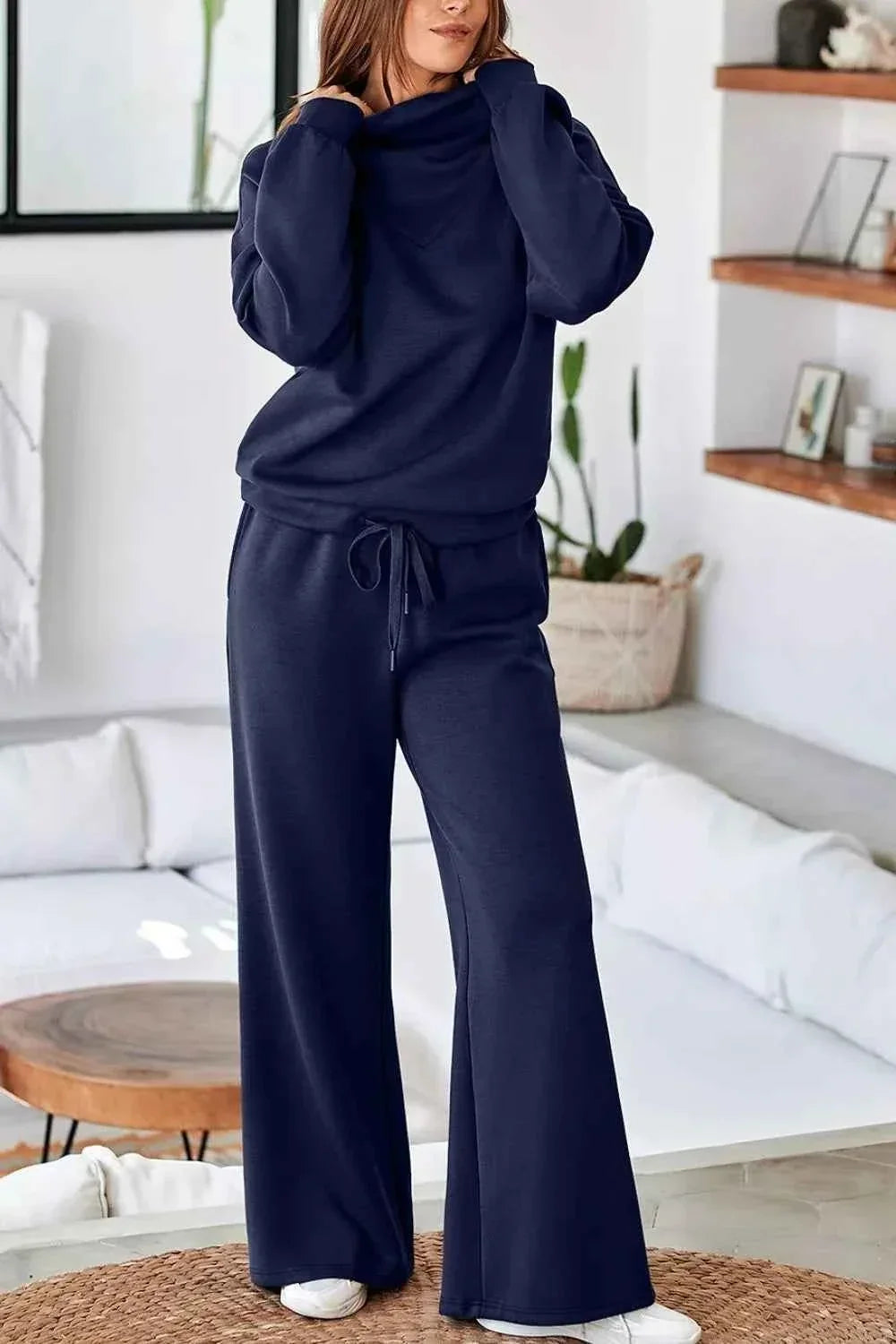 Cowl Neck Drawstring Pullover Wide Leg Pants Set