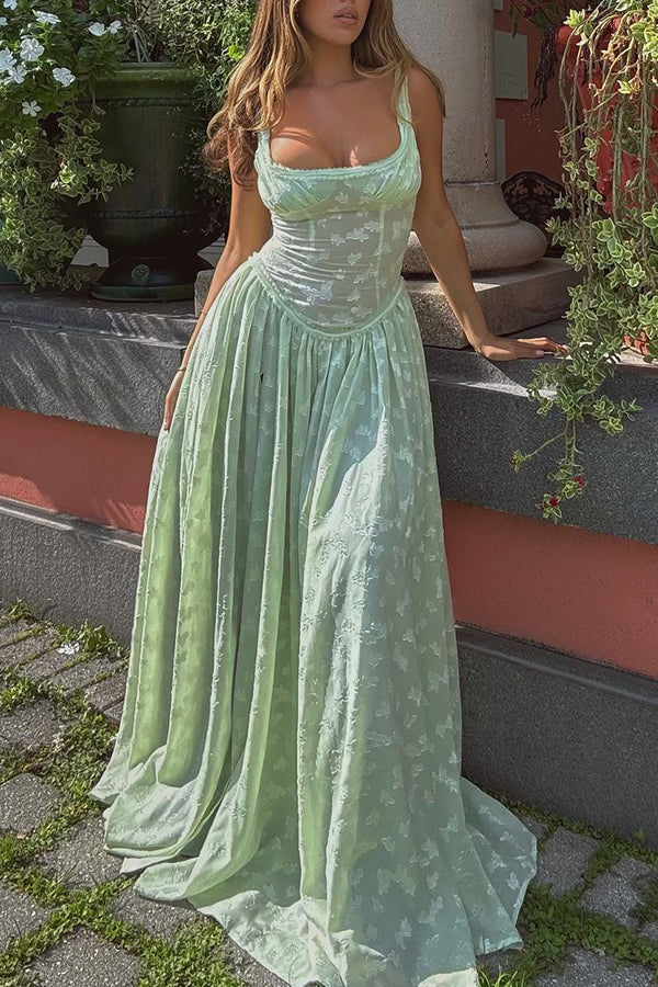 Garden Elf Lace Jacquard Textured Square Neck High Slit Maxi Dress - View 2
