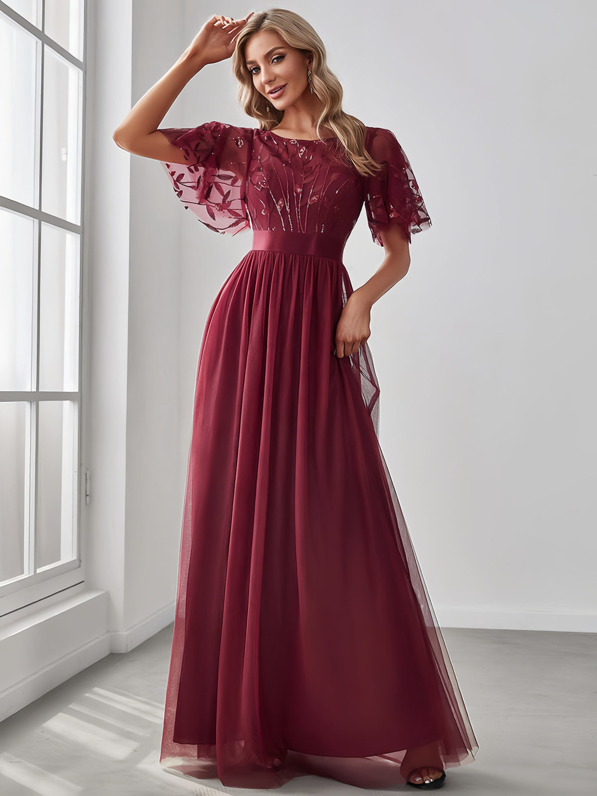 Sequin Round Neck Flutter Sleeve Tulle A-Line Maxi Dress
