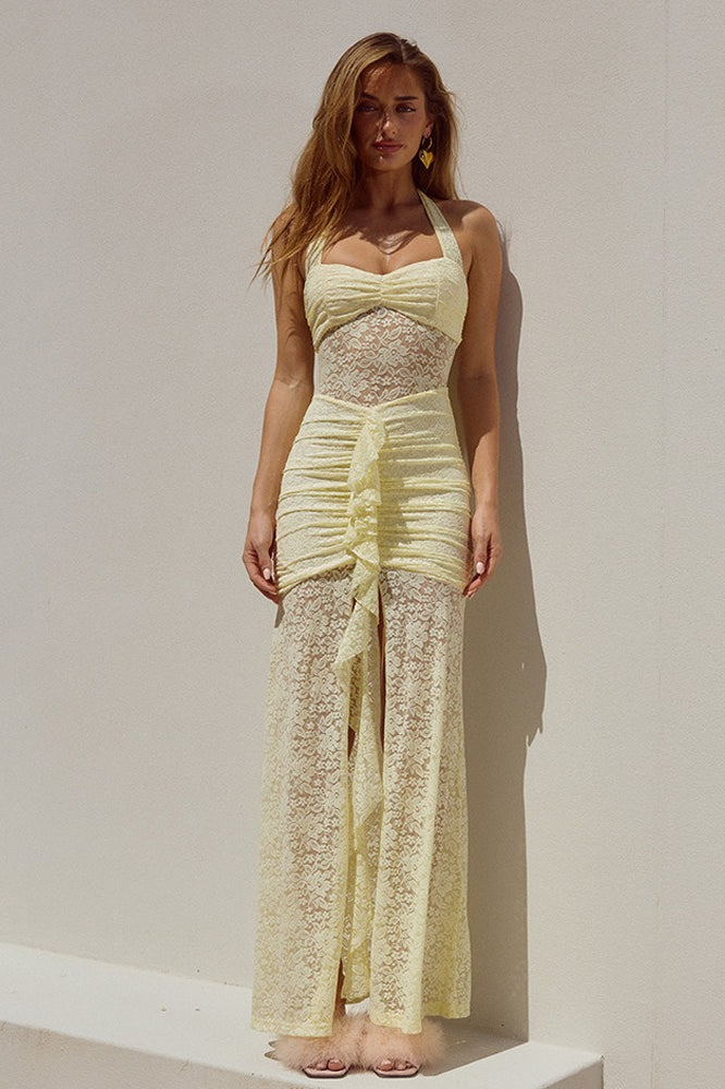 Backless Halter-Neck Lace Bodycon Dress