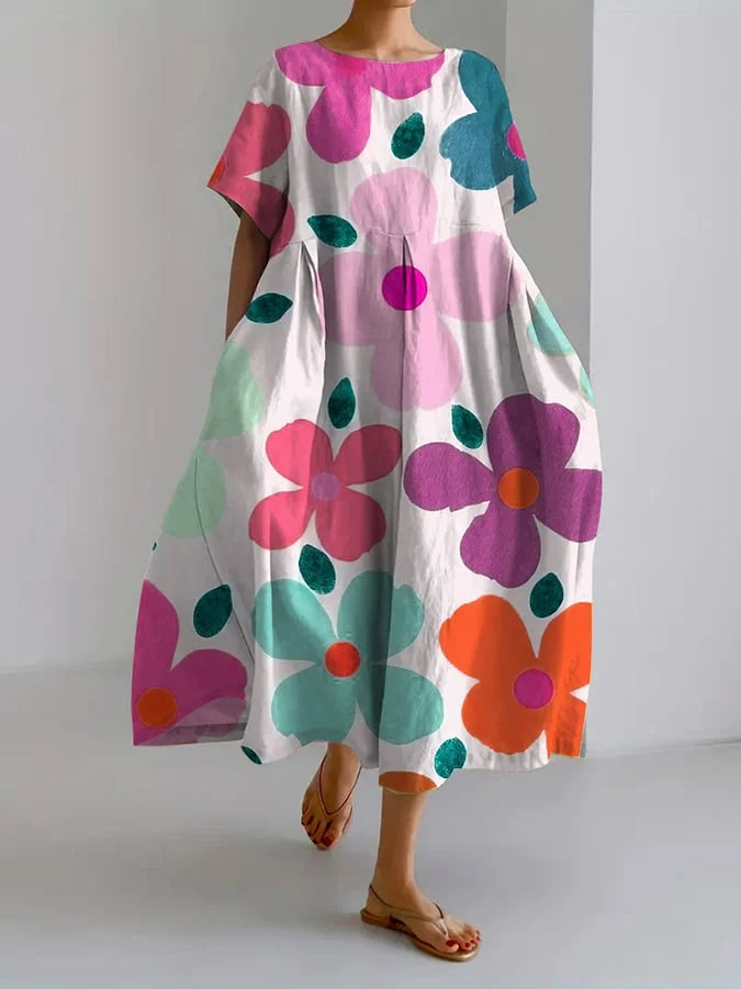 Floral Print Round Neck Short Sleeve Pocket Midi Dress 3