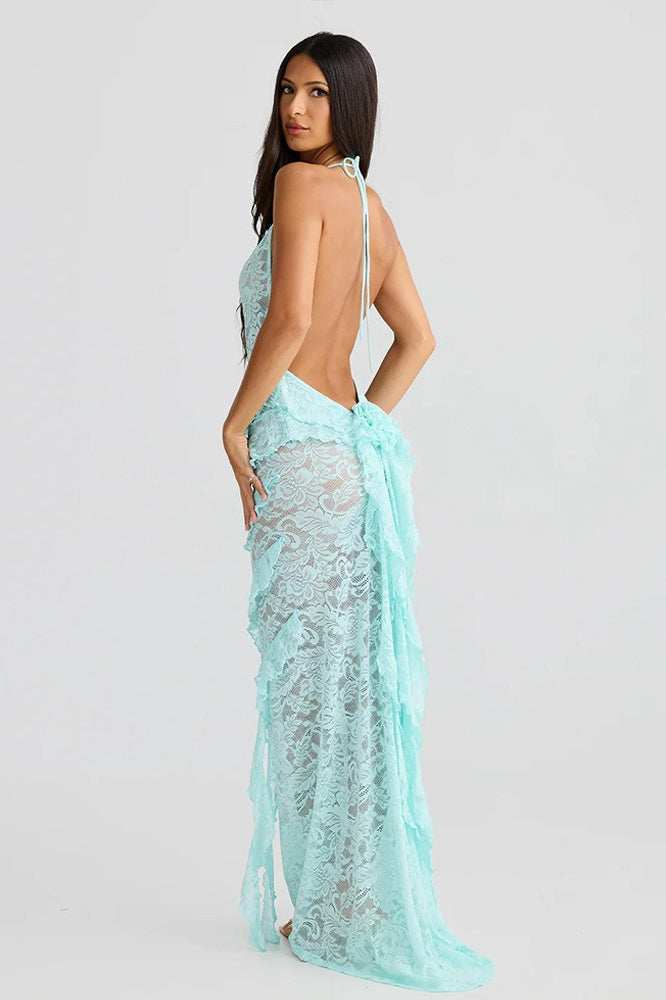 Backless Halter Deep V-Neck Lace Bodycon Maxi Dress