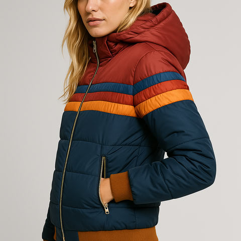 Hooded Zip Front Striped Panel Puffer Jacket 6