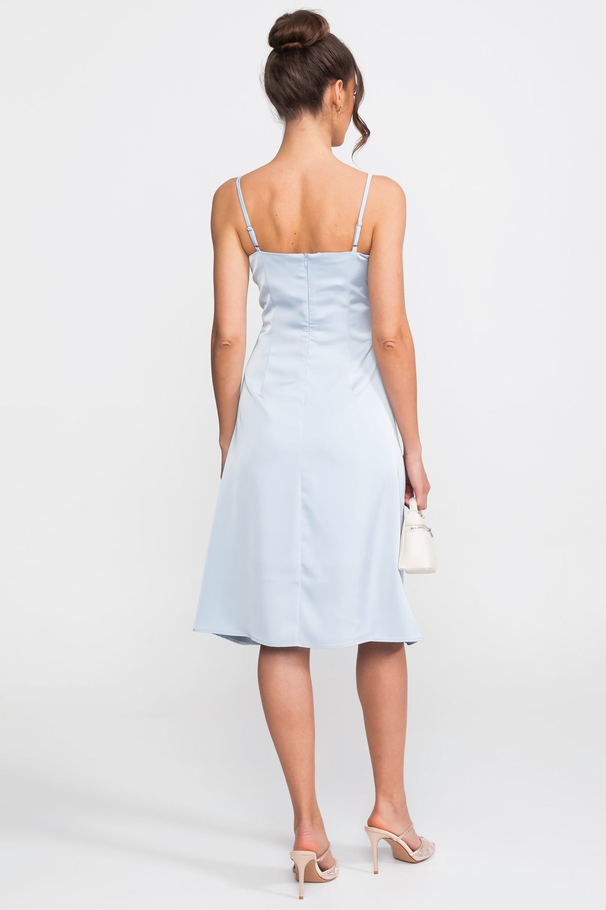 Satin Slip Midi Dress With Sweetheart Bustier Bodice - Light Blue - View 4