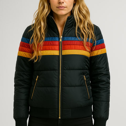 Hooded Zip Front Striped Panel Puffer Jacket 10
