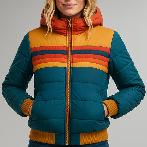 Hooded Zip Front Striped Panel Puffer Jacket 9