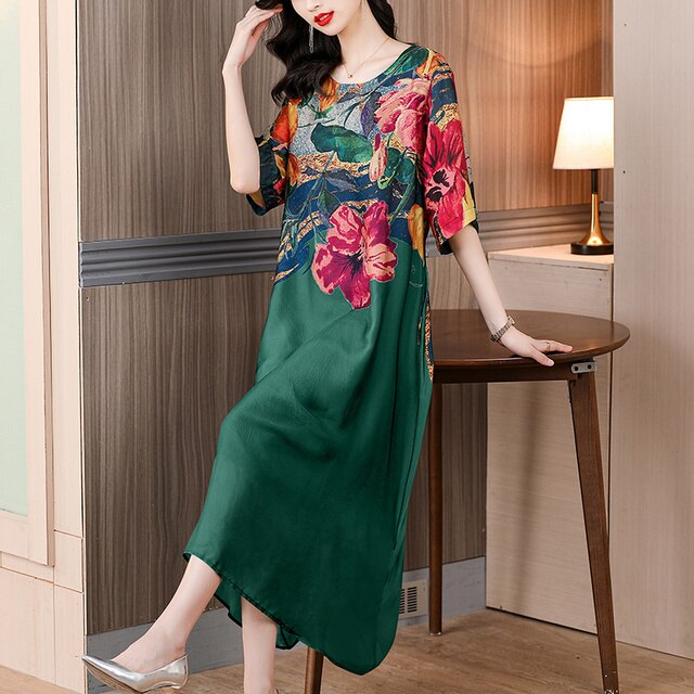 Floral Print Color Block Short Sleeve Loose Midi Dress - View 7