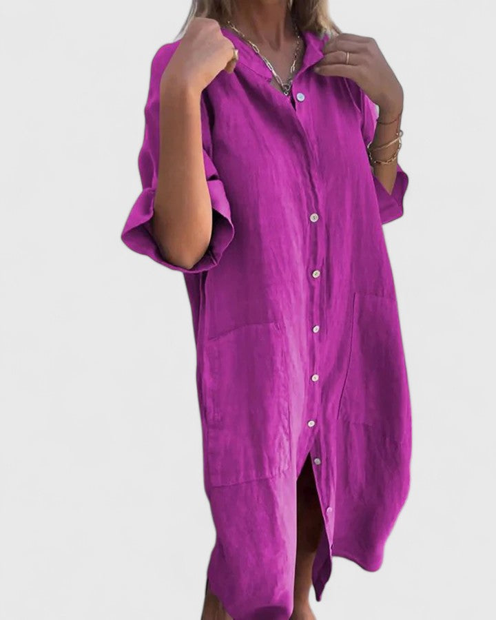 Collared Button Front Roll Sleeve Pocket Shirt Dress 4