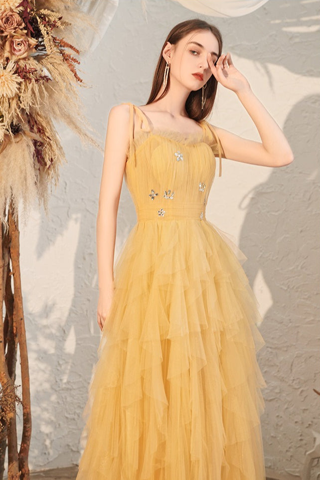 Tulle Spaghetti Strap Square Neck Tiered Ruffle Maxi Prom Dress - View 4