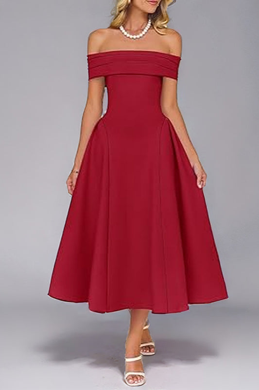 Off Shoulder Pleated Fit and Flare Midi Party Dress - View 2
