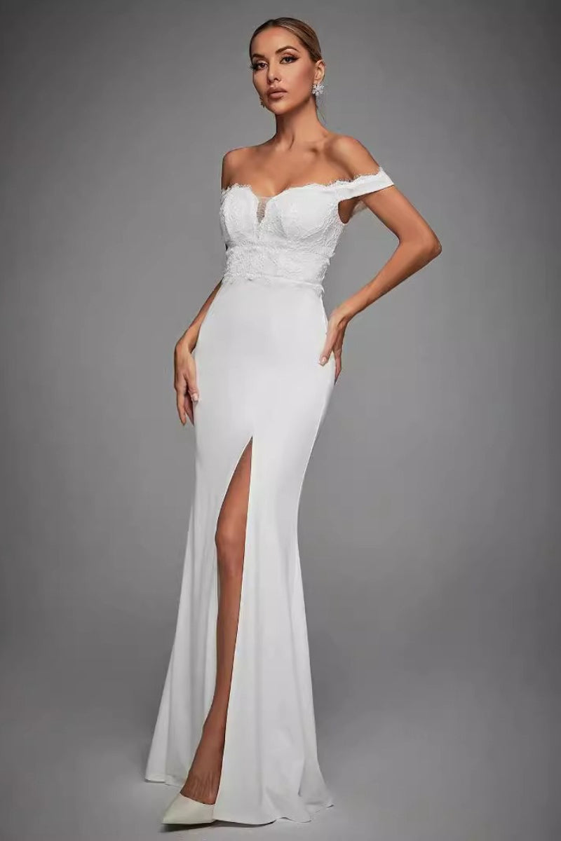 Off Shoulder Lace Bodice High Split Mermaid Maxi Gown 3