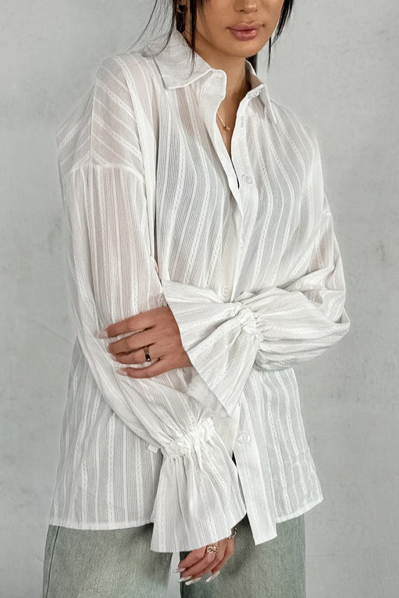 Flare Sleeve Jacquard Tie Blouse