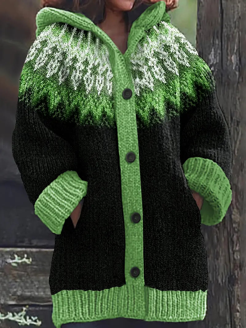 Hooded Button Front Fair Isle Knit Longline Cardigan 3