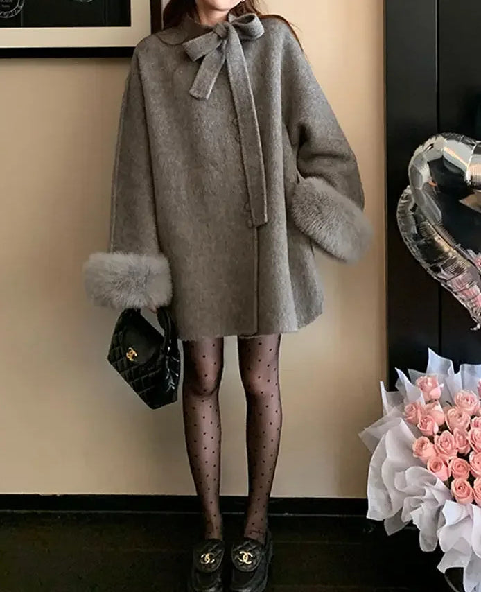 Loose Fit Woolen Cloak Tweed Overcoat gray / S