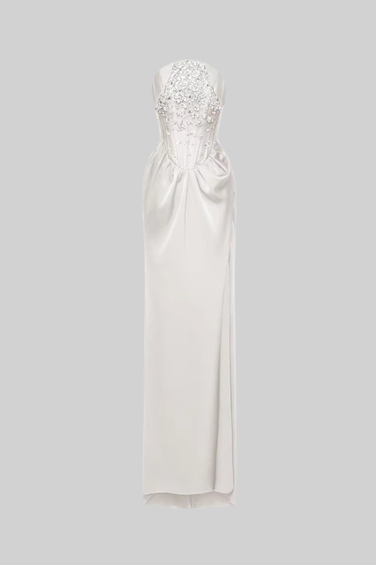 Strapless Corset Rhinestone Draped Wrap High Split Maxi Gown - View 2