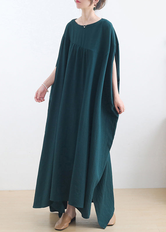 Crew Neck Batwing Sleeve Diagonal Seam Gathered Maxi Dress - View 3
