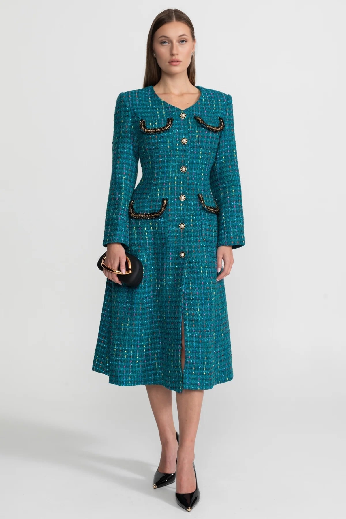 Embellished Tweed Collarless Long Sleeve Chain A-Line Midi Dress