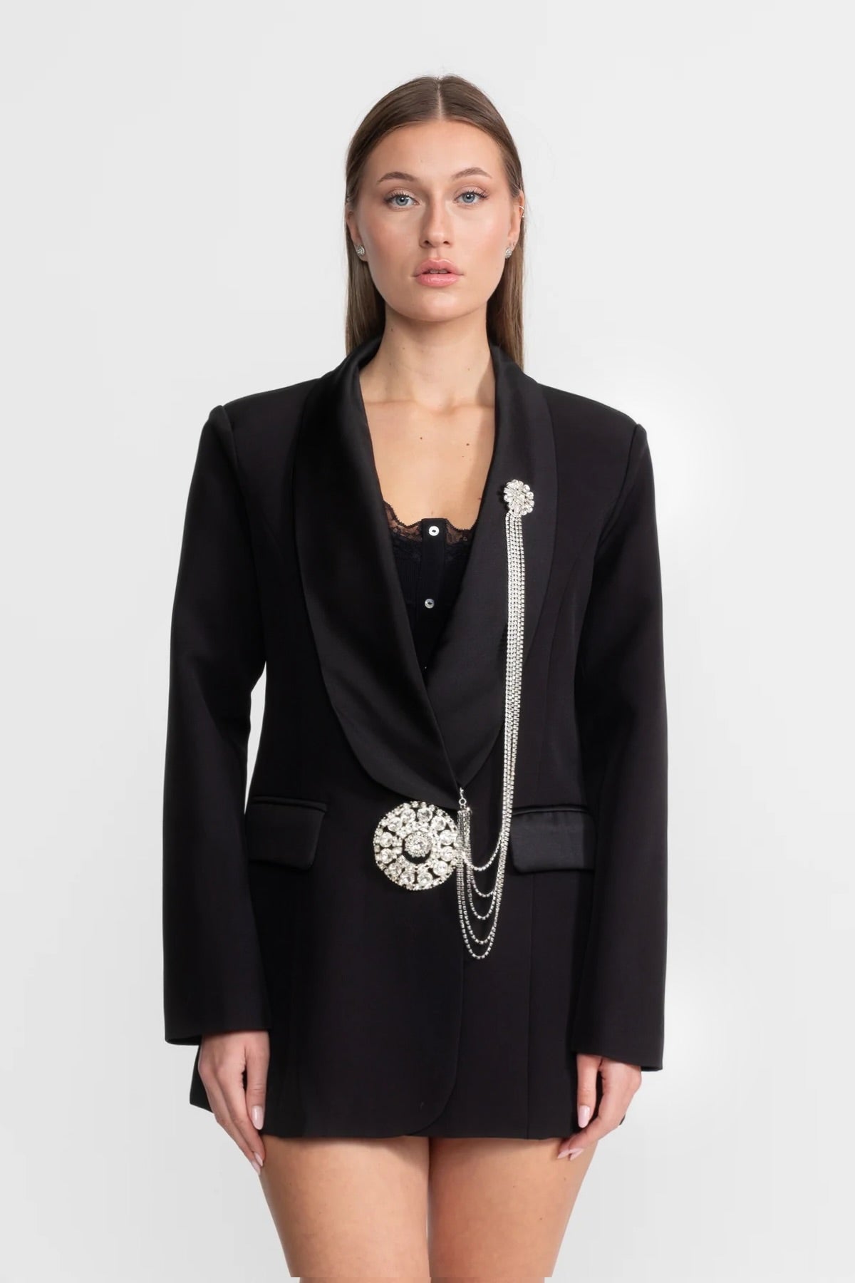 Rhinestone Brooch Chain Shawl Lapel Deep V-Neck Blazer Mini Dress