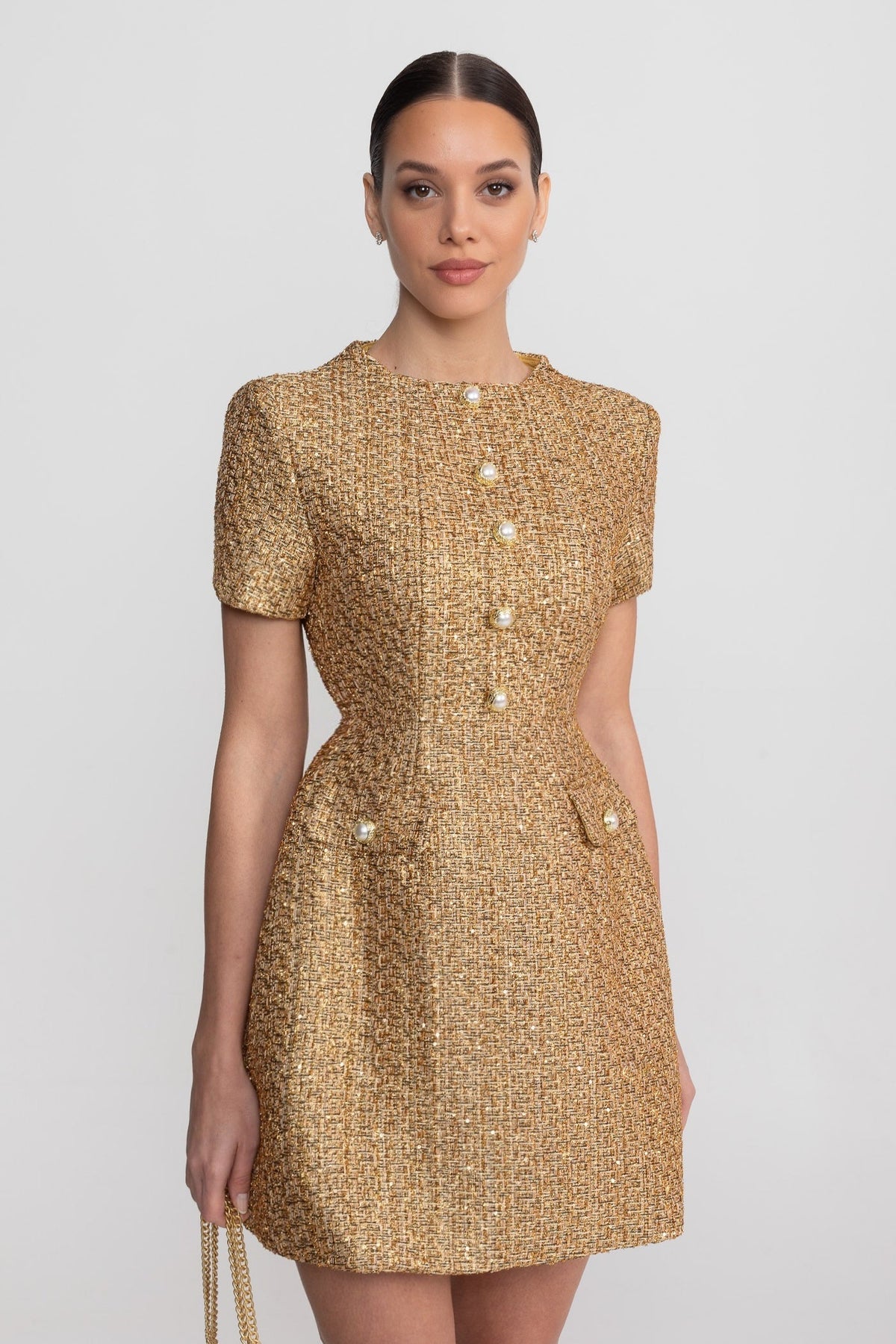 Tweed Mock Neck Short Sleeve Pearl Button A-Line Mini Dress