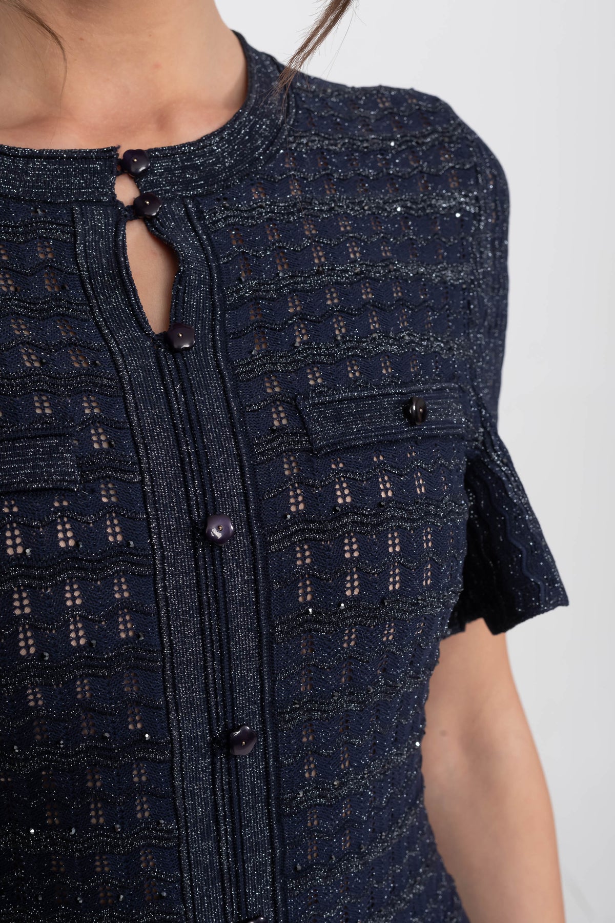 Short Sleeve Midi Dress With Shimmer Knit Texture - Navy - View 7