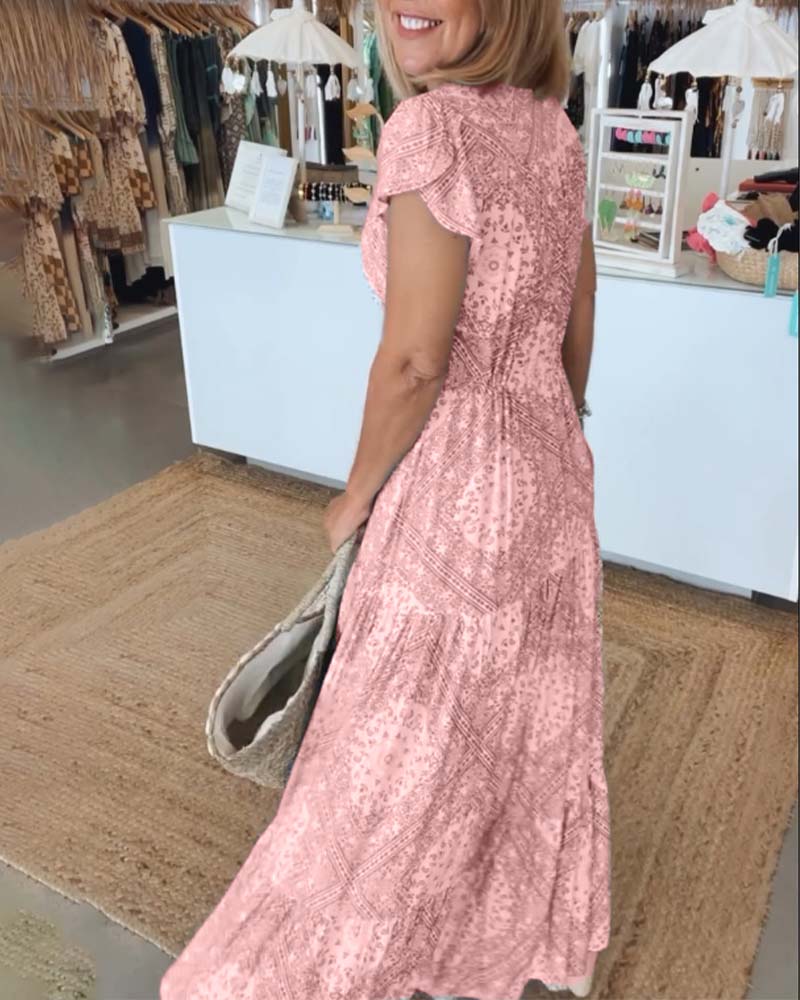 V-Neck Flutter Sleeve Buttoned Tiered Boho Maxi Dress - View 9