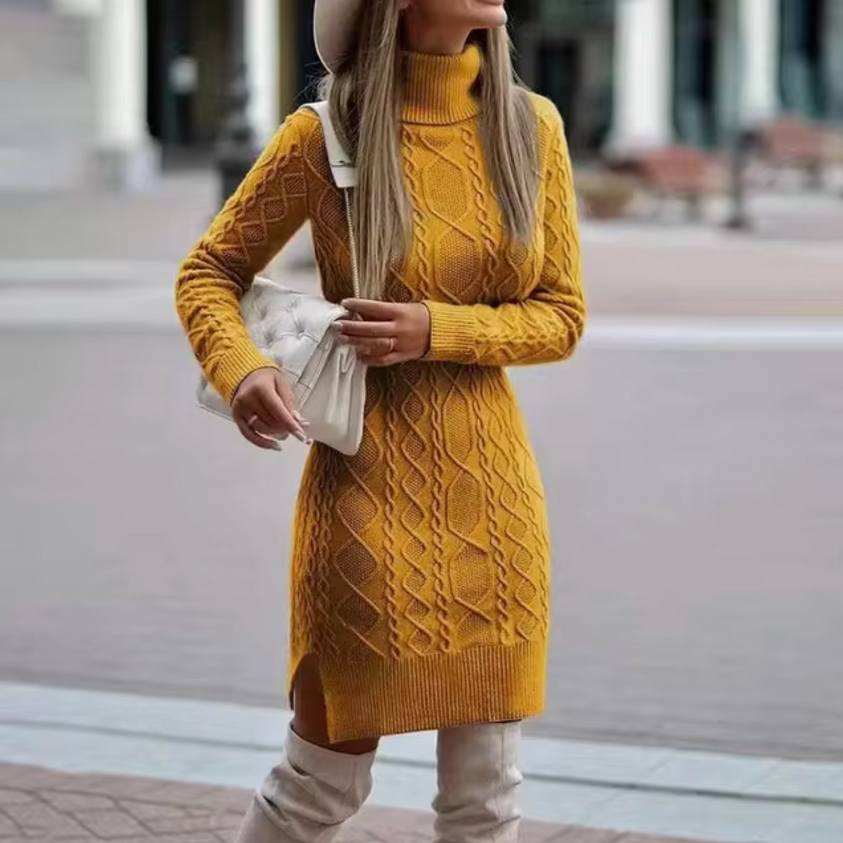 Cable Knit Turtleneck Long Sleeve Ribbed Hem Bodycon Mini Dress - View 4