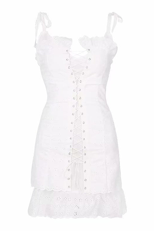 Tie Shoulder Eyelet Lace Up Corset Ruffle Hem Bodycon Mini Dress - View 9
