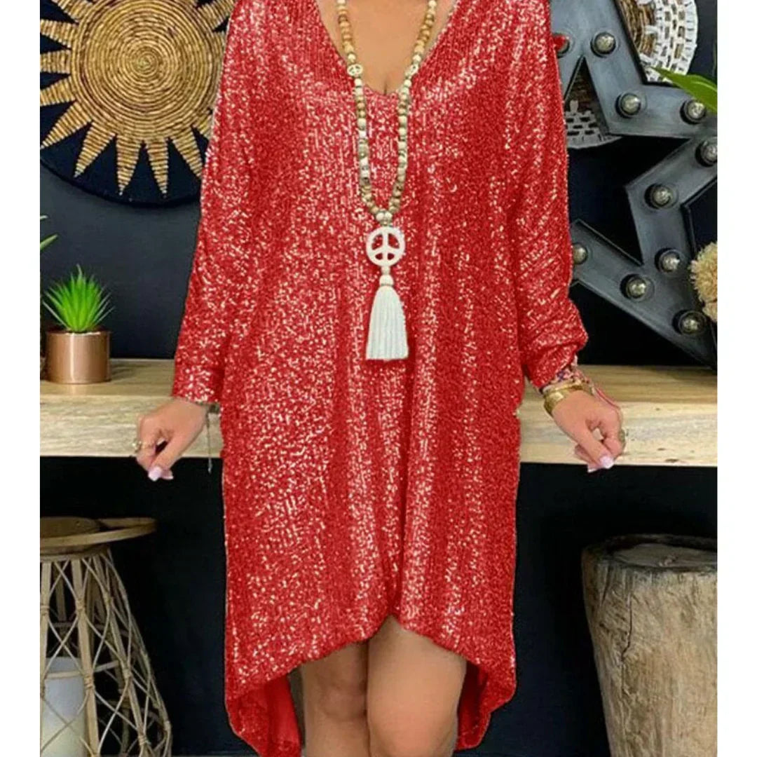 Sequin V-Neck Long Sleeve Shift Mini Dress - View 4