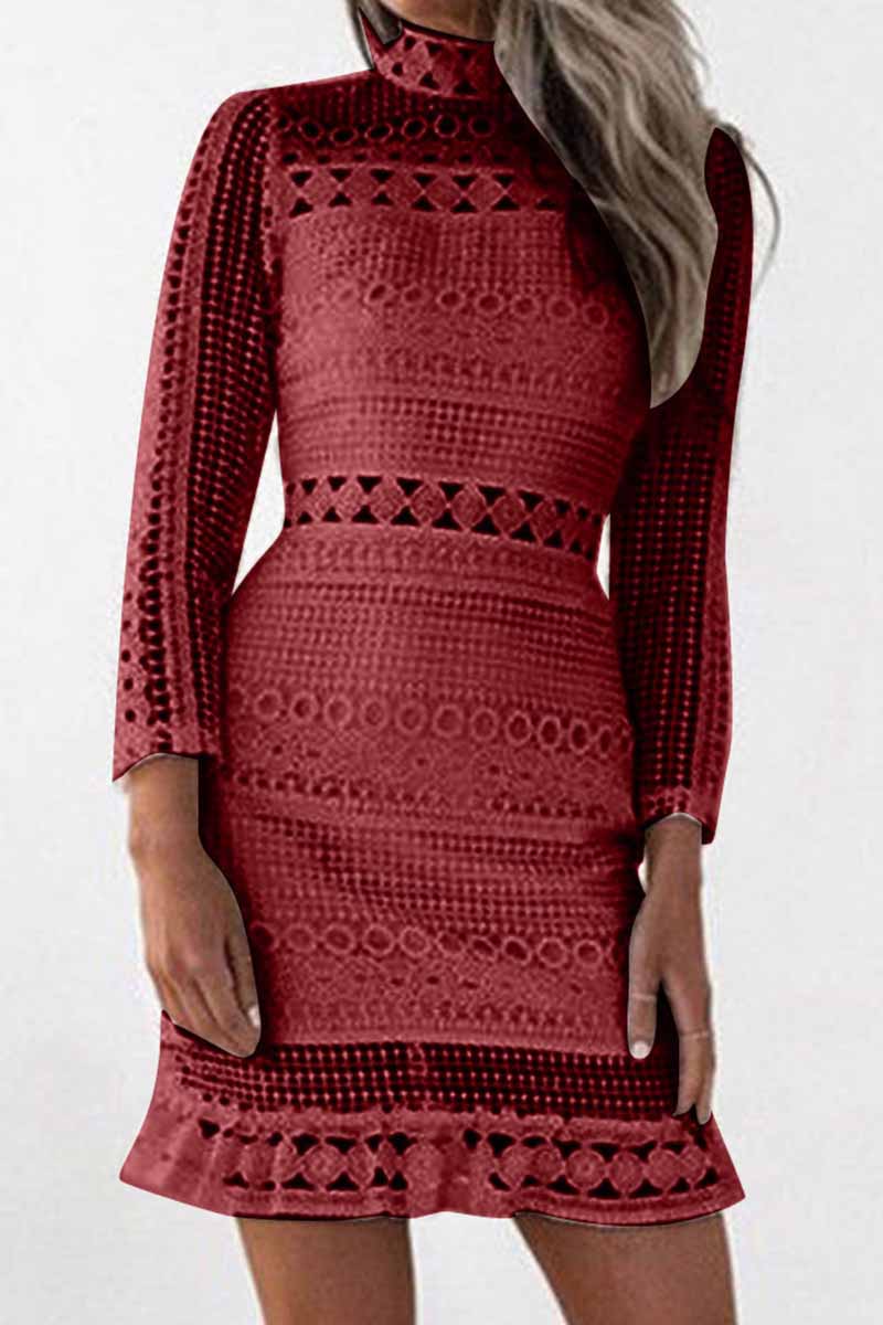 Mock Neck Long Sleeve Crochet Lace Ruffle Hem Bodycon Dress 2
