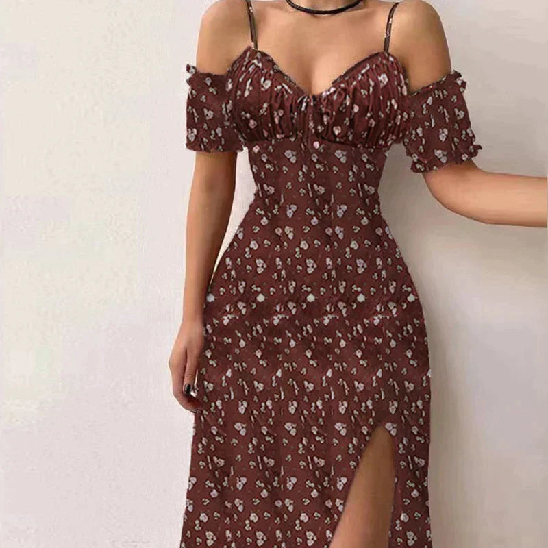 Floral Print Sweetheart Ruffle Cold Shoulder Midi Dress - View 5
