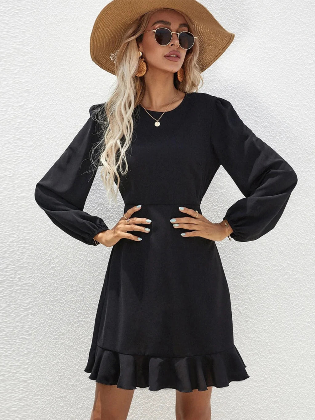 Round Neck Long Sleeve Ruffle Hem A-Line Mini Dress 3