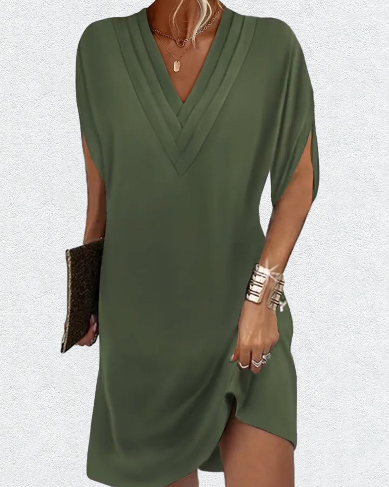 Pleated Deep V-Neck Cut Out Sleeve Dolman Loose Shift Mini Dress - View 4