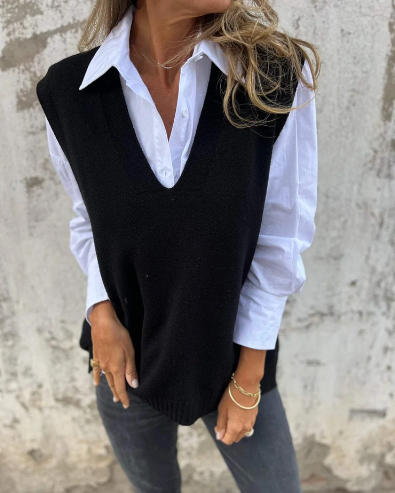 V-Neck Sleeveless Side Split Knit Sweater Vest 3