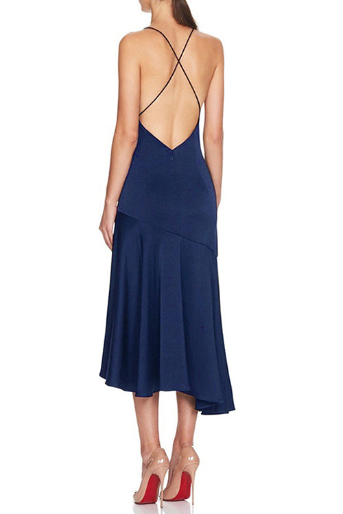 Satin Twist Front Sweetheart Cut Out High Split Ruffle Hem Midi Dress - View 4