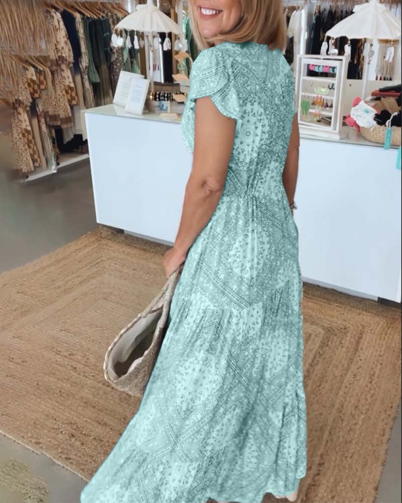 V-Neck Flutter Sleeve Buttoned Tiered Boho Maxi Dress - View 11