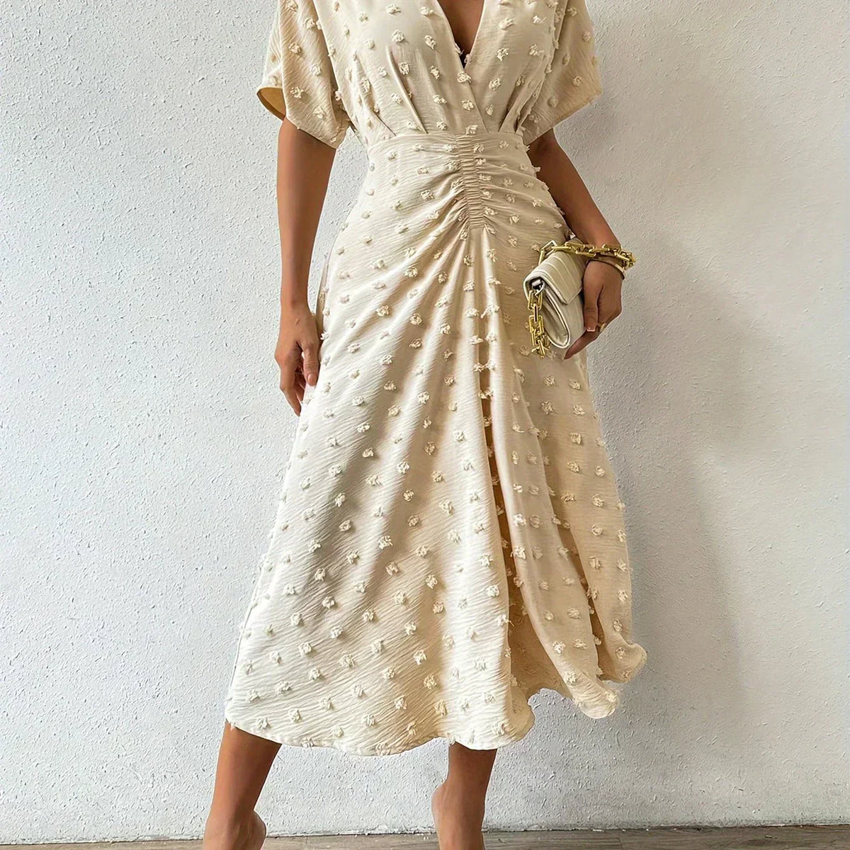 Swiss Dot Flutter Sleeve Pleated Back A-Line Midi Dress - View 3