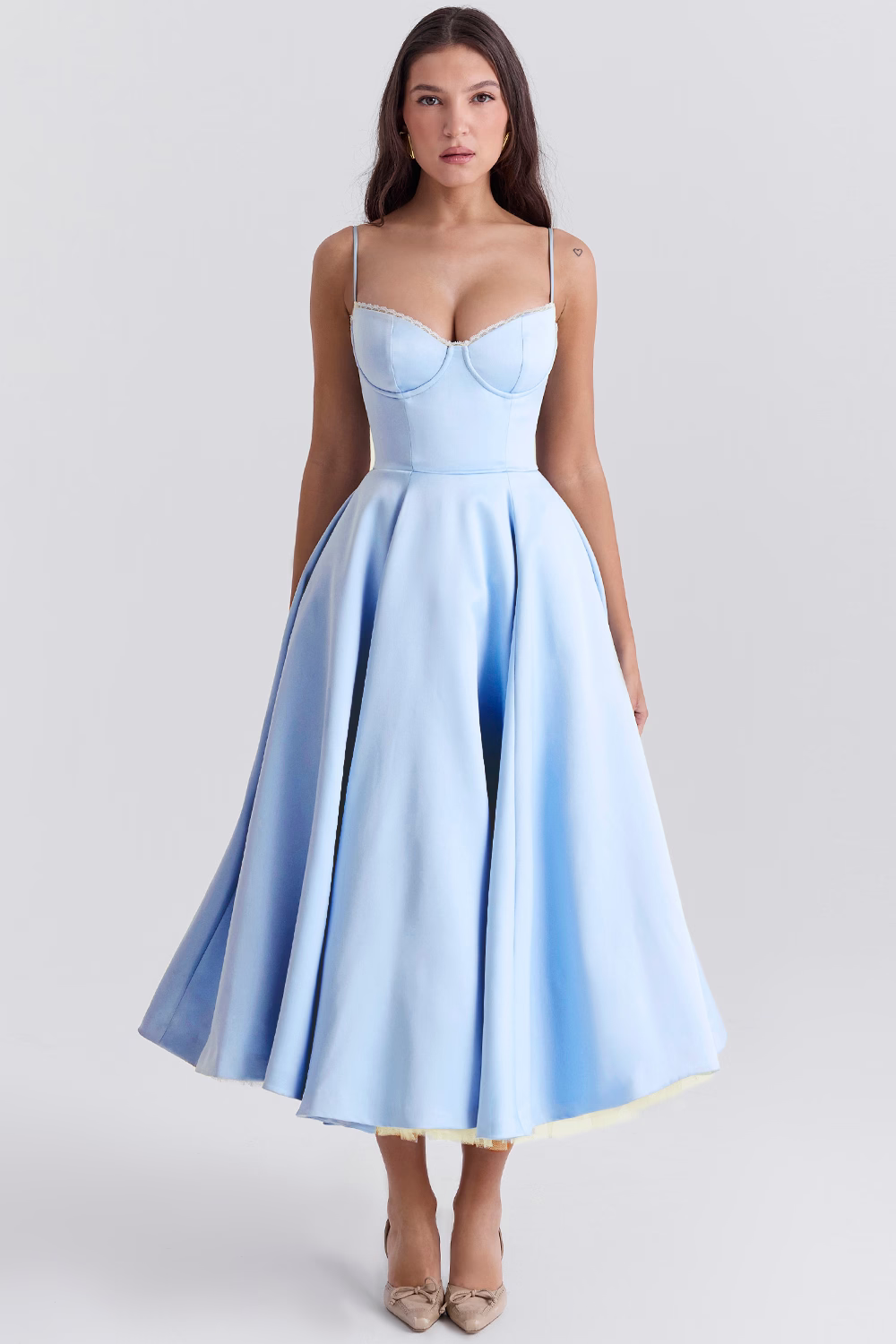 Spaghetti Strap Sweetheart Lace Trim Corset Midi Cocktail Dress