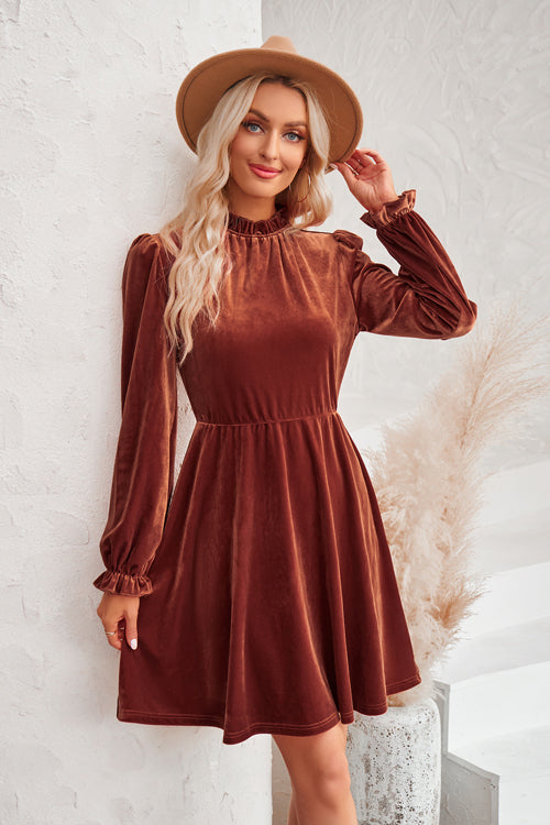 Velvet Mock Neck Long Sleeve Fit and Flare Mini Dress 7
