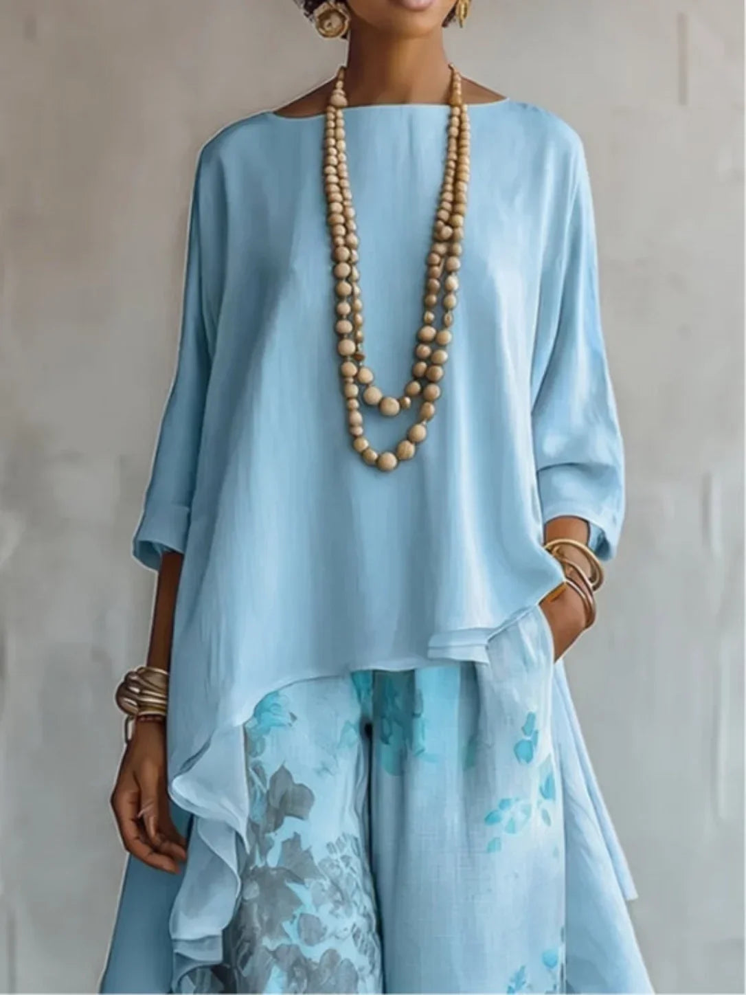 Boat Neck High Low Top and Floral Wide Leg Pants Two Piece Set 2