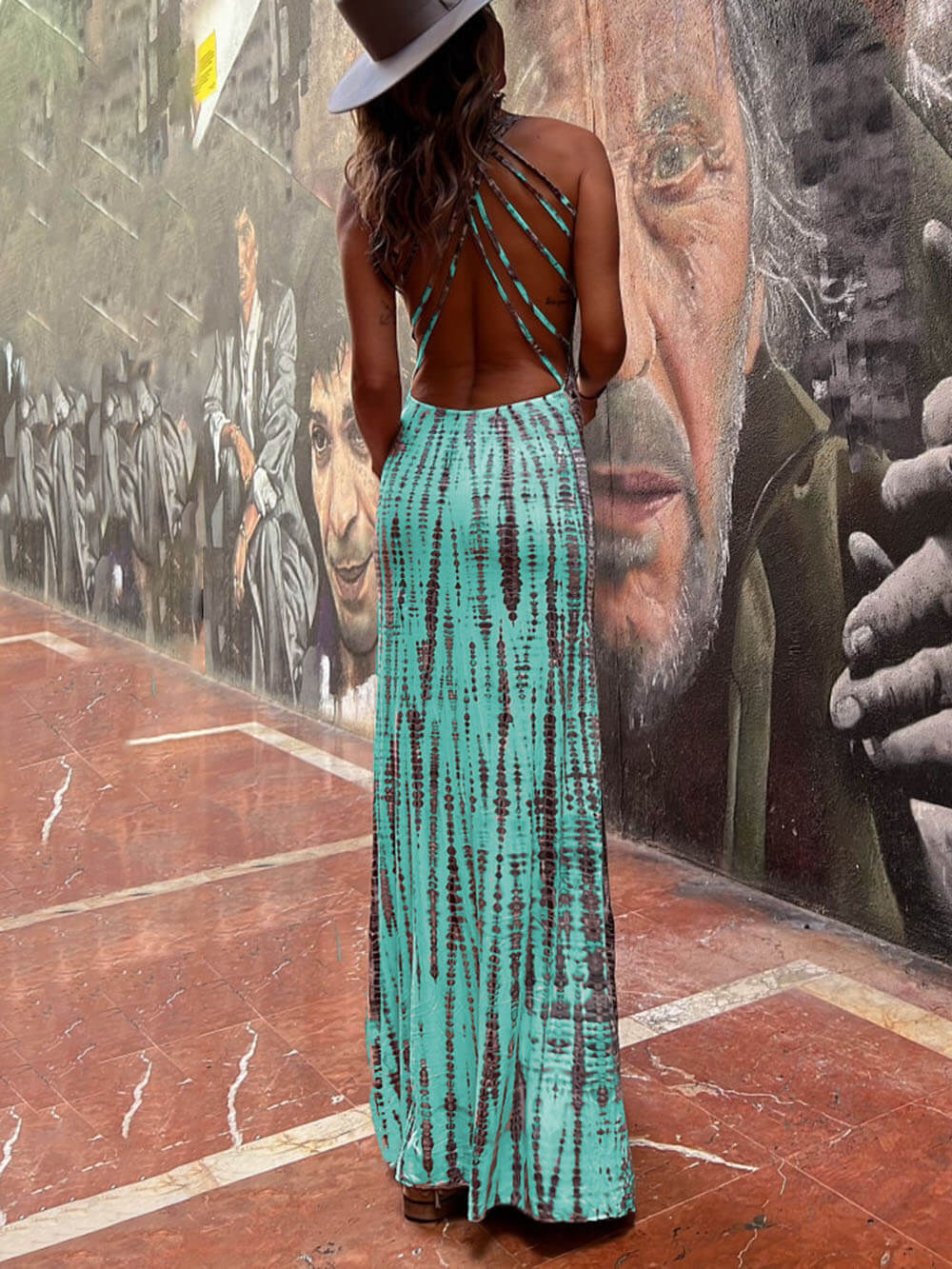 Tie - dye Print Back Lace - up Stretch Maxi Dress - View 4