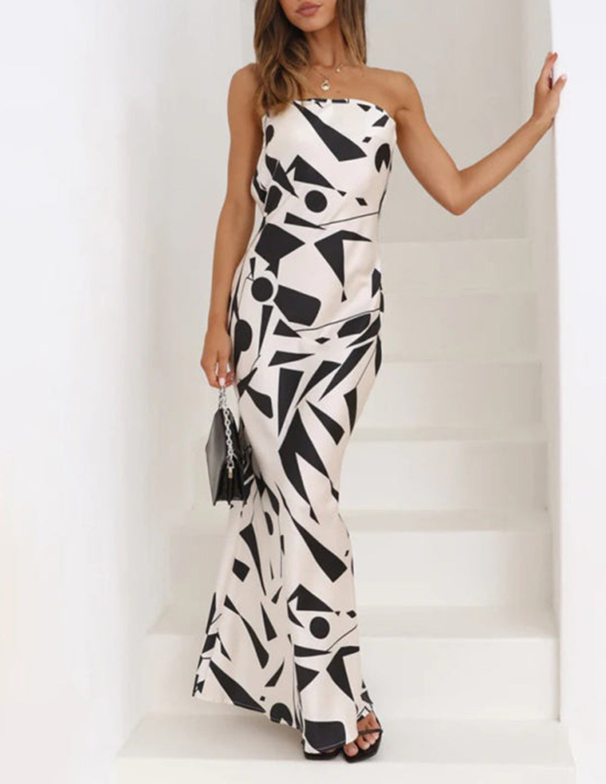 Satin Geometric Print Off Shoulder Maxi Dress - View 3