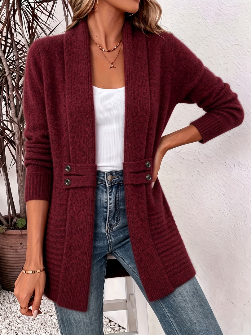 Shawl Collar Open Front Button Tab Knit Cardigan 3
