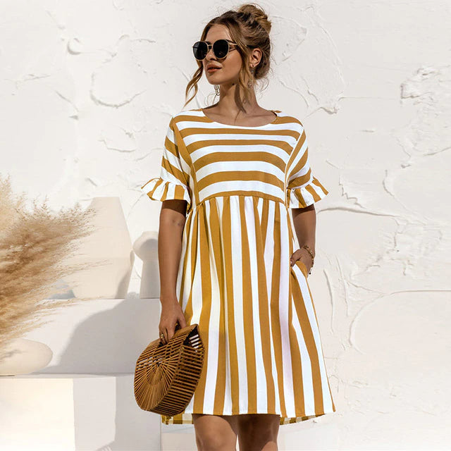 Striped Ruffle Short Sleeve High Waist Empire Mini Dress - View 2