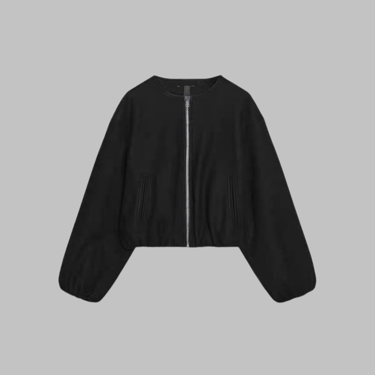 Zip Front Balloon Sleeve Cropped Wool Look Bomber Jacket 4