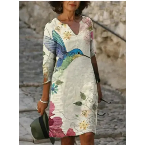 V-Neck Three Quarter Sleeve Relaxed Fit Knee Length Shift Dress - View 2