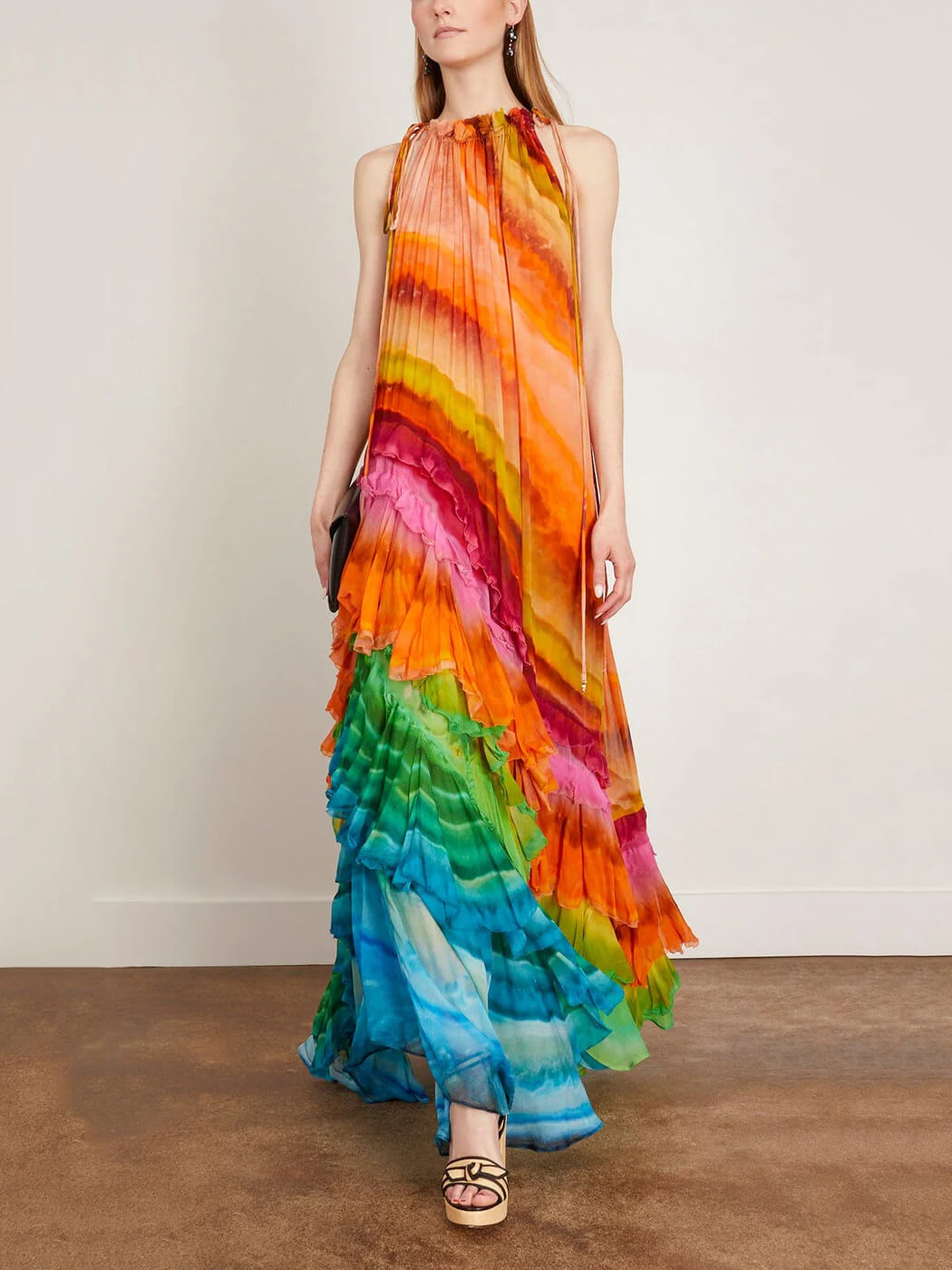 Tie Dye Print Halter Neck Drawstring Tiered Ruffle Chiffon Maxi Gown - View 4