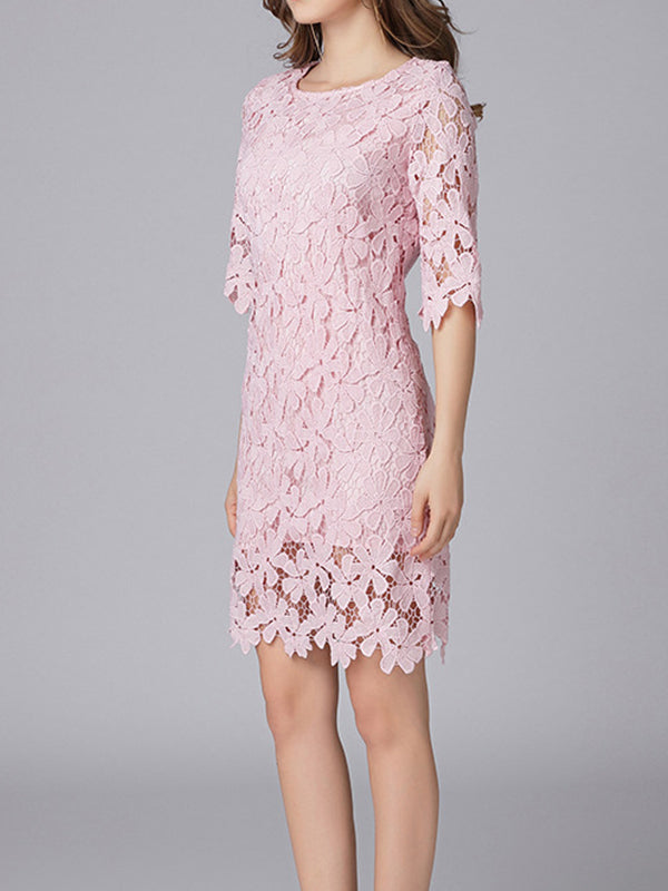 Floral Lace Round Neck Elbow Sleeve Scalloped Hem Shift Mini Dress - View 3