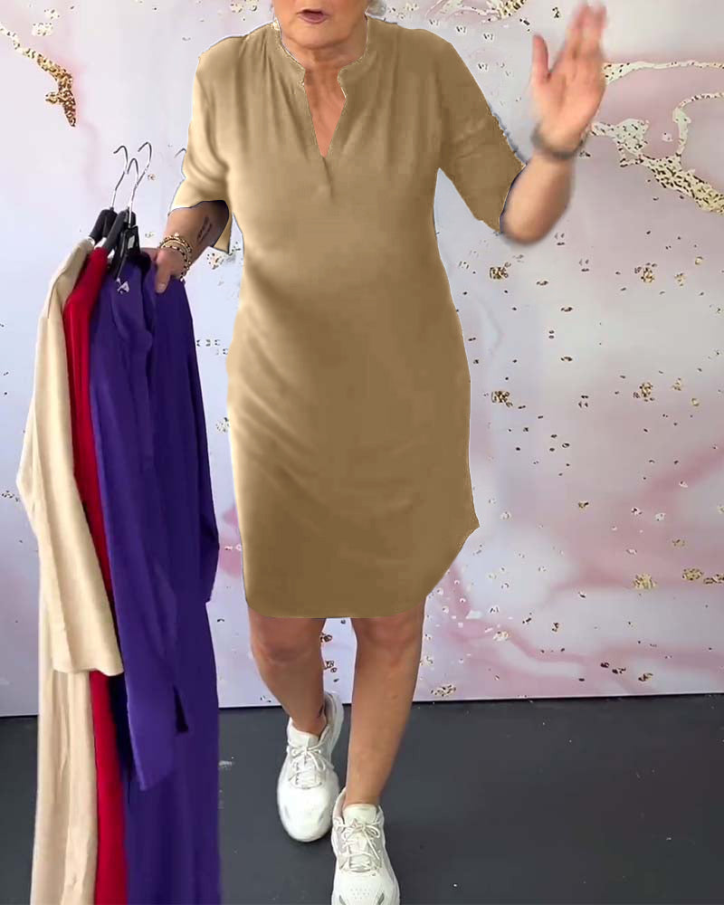 Three Quarter Sleeve Notched V-Neck Shift Knee Length Dress - View 6