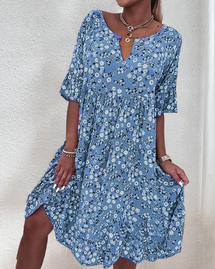 Floral Print V-Neck Ruffle Cuff Sleeve Empire Waist Mini Dress - View 3